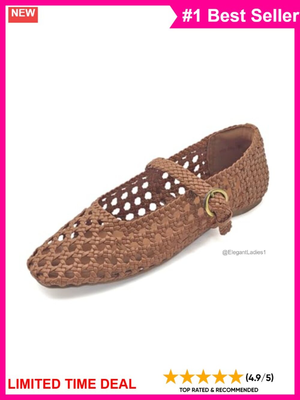 Hand Woven Vegan Faux Leather Mary Jane Flats Square Toe Buckle Women's